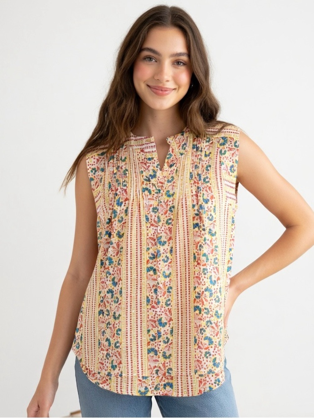 Anthropologie Lauren Moffat 100% Silk Yellow Floral Stripe Sleeveless Top Medium